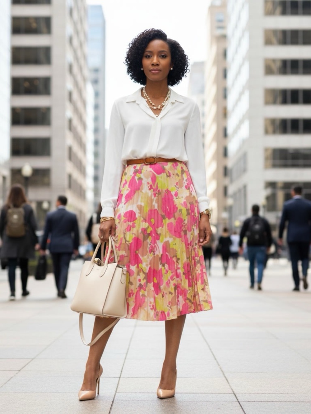 LOFT Floral Pleated Midi Skirt Pink Chartreuse Size 8